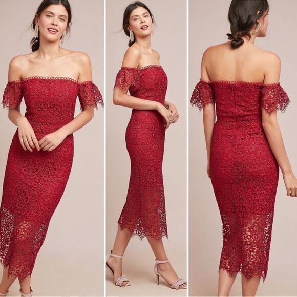 ML Monique Lhuillier Womens Red Raspberry Off The Shoulder Lace Overlay Dress 0P - Picture 1 of 13
